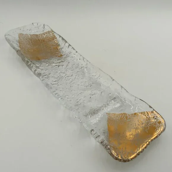 Handmade Unique Texture 16" Gold Leaf Rectangular Glass Platter Made in Japan - Picture 7 of 7